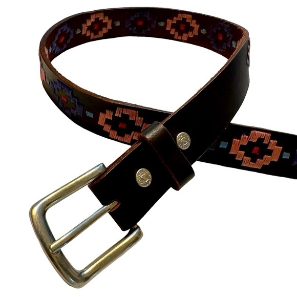 Noble Outfitters Belt Brown Leather Embroidered Axtec Pattern, Small - Picture 1 of 7